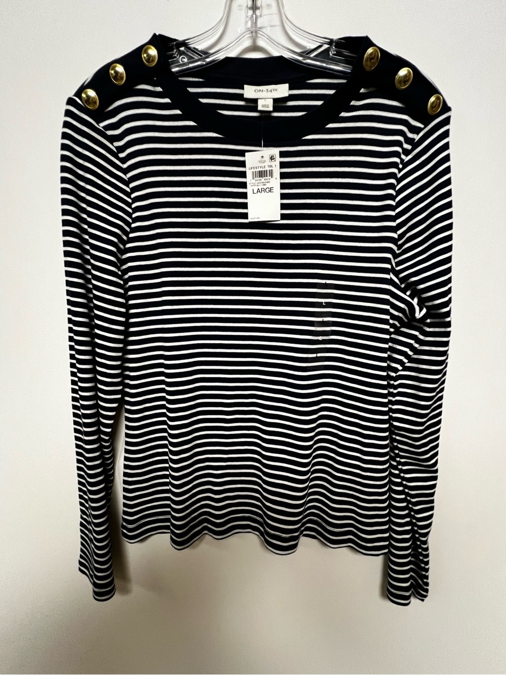 Navy  & White Striped Long Sleeve Top with Gold Shoulder Buttons - Large